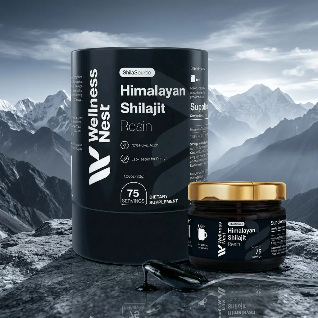 ShilaSource Shilajit avec montagnes himalayennes en arrière-plan